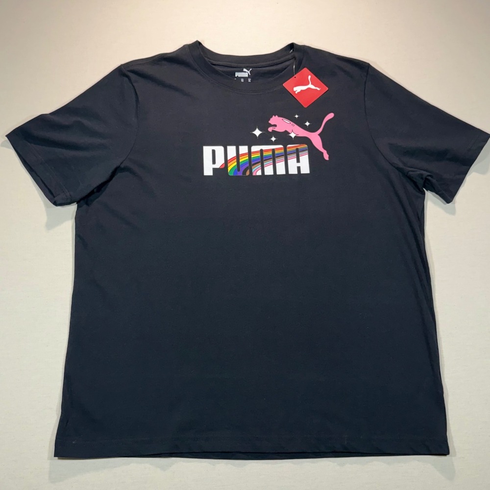 Puma Black Tee with Pink Puma Logo and Rainbow Accent